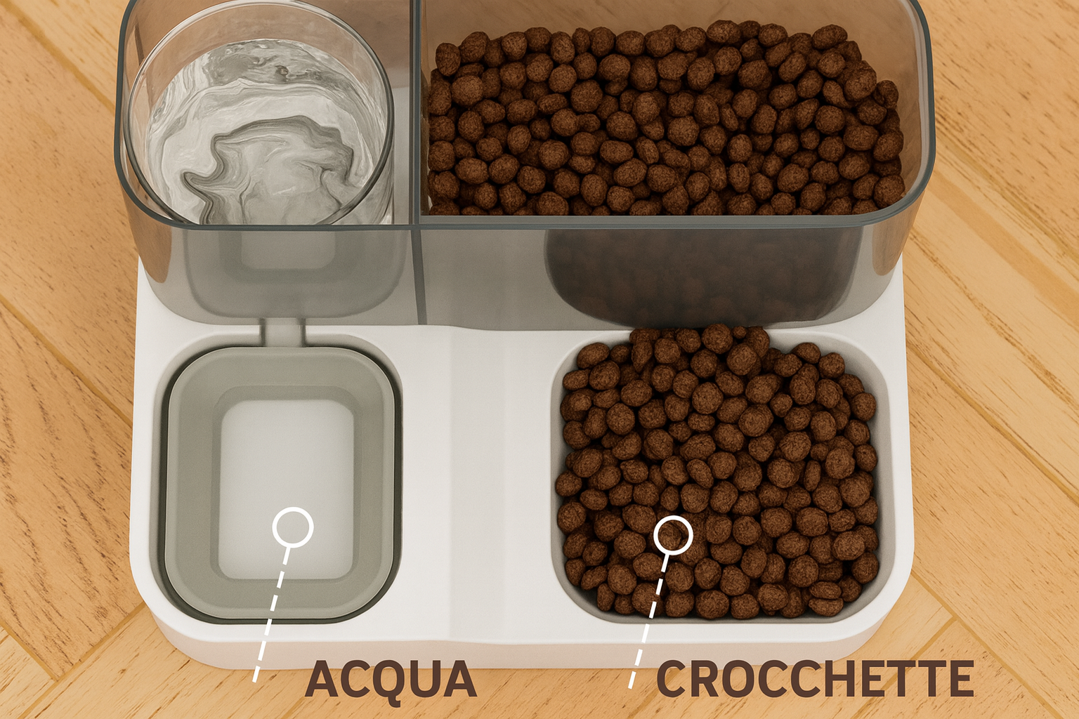Distributore di crocchette per gatti con riserva d'acqua integrata