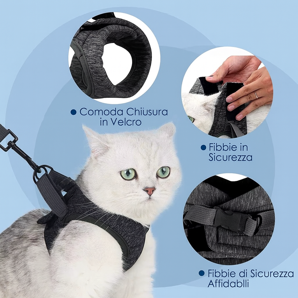 Pettorina Antifuga Regolabile per Gatti – Morbida, Traspirante e Sicura